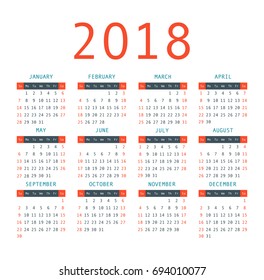 Calendar 2018 year simple style. Week starts from sunday. Vector illustration