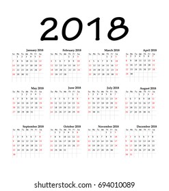 Calendar 2018 year simple style. Week starts from sunday. Vector illustration
