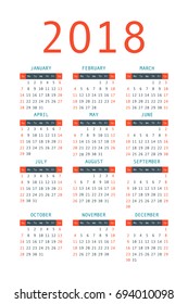 Calendar 2018 year simple style. Week starts from sunday. Vector illustration