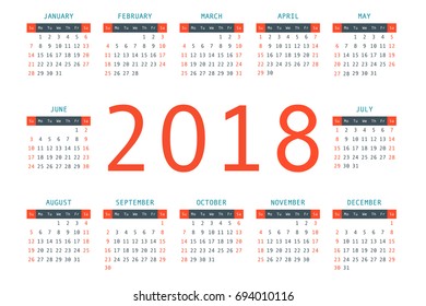 Calendar 2018 year simple style. Week starts from sunday. Vector illustration