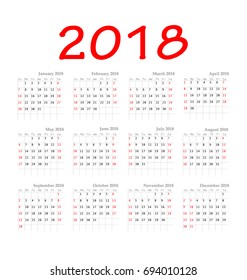 Calendar 2018 year simple style. Week starts from sunday. Vector illustration