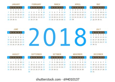 Calendar 2018 year simple style. Week starts from sunday. Vector illustration