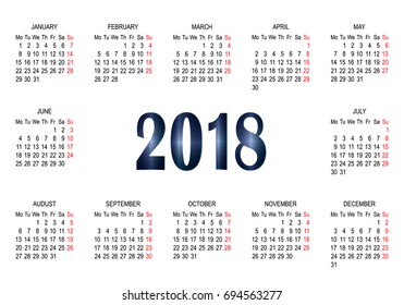 Calendar 2018 year simple style. Week starts from Monday. Vector illustration