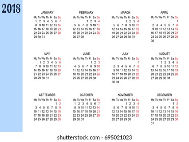 Calendar 2018 year simple style. Week starts from Monday. Vector illustration
