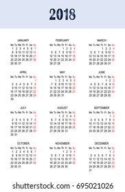 Calendar 2018 year simple style. Week starts from Monday. Vector illustration