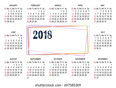 Calendar 2018 year simple style. Week starts from Sunday. Vector illustration
