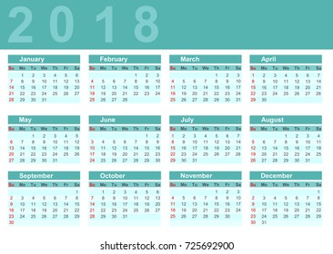 Calendar 2018 year simple style. Week starts from Sunday