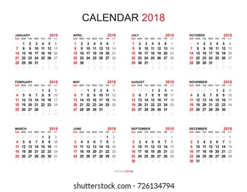 Calendar 2018 year simple style. Week starts from Sunday. Vector illustration.