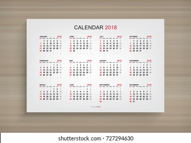 Calendar 2018 year in simple style on white canvas frame. Week starts from Sunday. Vector illustration.