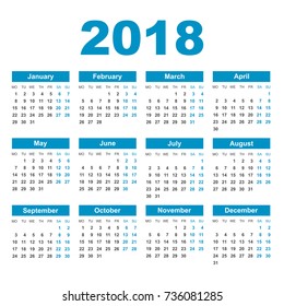 Calendar 2018 year in simple style. Calendar planner design template. Week starts on Monday. Business vector illustration.