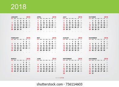 Calendar 2018 year in simple style. Week starts from Sunday. Vector illustration.