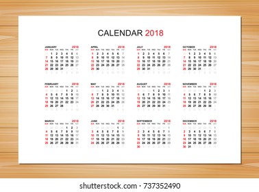 Calendar 2018 year in simple style on white canvas frame. Week starts from Sunday. Vector illustration.