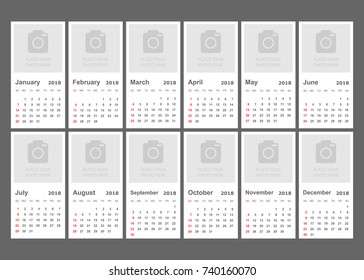 Calendar 2018 year in simple style. Calendar planner design template with place for photo. Week starts on sunday. Business vector illustration.