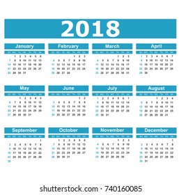 Calendar 2018 year in simple style. Calendar planner design template. Week starts on Sunday. Business vector illustration.