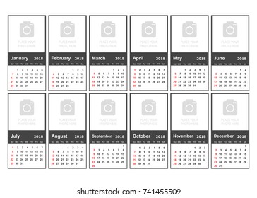Calendar 2018 year in simple style. Calendar planner design template with place for photo. Week starts on sunday. Business vector illustration.