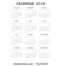 Calendar 2018 year in simple style. Calendar planner design template. Week starts on Sunday. Business vector illustration.