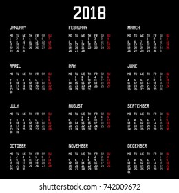Calendar 2018 year simple style isolated on black background. Vector illustration. Eps 10.