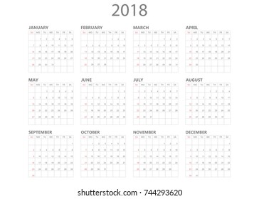 Calendar 2018 year in simple style. Calendar planner design template. Week starts on Sunday. Business vector illustration.
