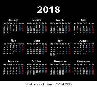 Calendar 2018 year simple style.Set of 12 Months.