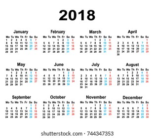 Calendar 2018 year simple style.Set of 12 Months.