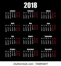 Calendar 2018 year simple style isolated on black background. Vector illustration. Eps 10.