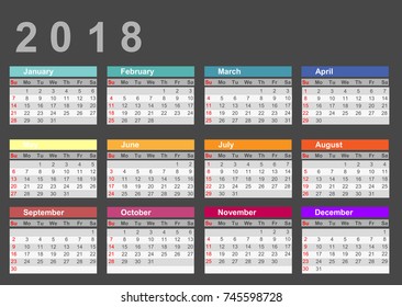 Calendar 2018 year simple style. Week starts from Sunday