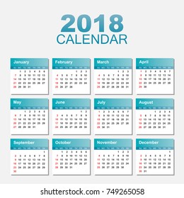 Calendar 2018 year in simple style. Calendar planner design template. Week starts on Sunday. Business vector illustration.