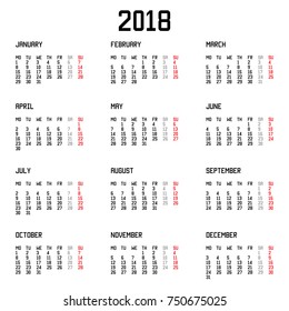 Calendar 2018 year simple style isolated on white background. Vector illustration. Eps 10.