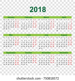 Calendar 2018 year in simple style. Calendar planner design template. Week starts on Monday. Business vector illustration.