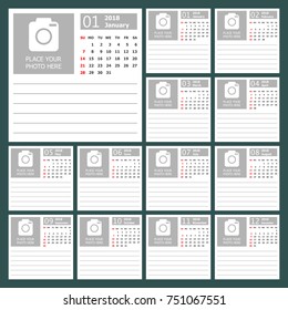 Calendar 2018 year in simple style. Calendar planner design template with place for photo. Week starts on sunday. Business vector illustration.