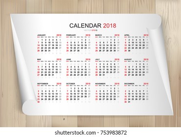 Calendar 2018 year in simple style on white paper sheet and wooden texture background. Week starts from Sunday. Vector illustration.