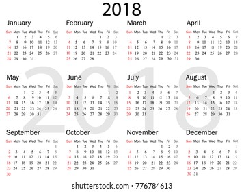 Calendar 2018 year simple style. Week starts from sunday