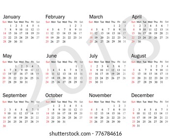 Calendar 2018 year simple style. Week starts from sunday