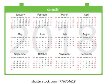 Calendar 2018 year simple style. Week starts from sunday