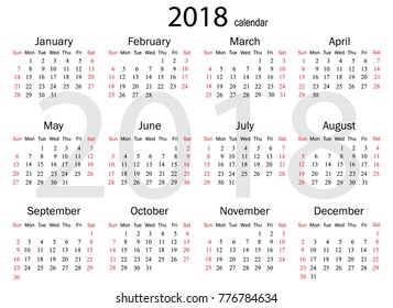 Calendar 2018 year simple style. Week starts from sunday