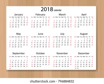 Calendar 2018 year in simple style on wooden texture background. Week starts from Sunday. Vector illustration.