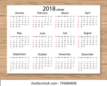 Calendar 2018 year in simple style on wooden texture background. Week starts from Sunday. Vector illustration.