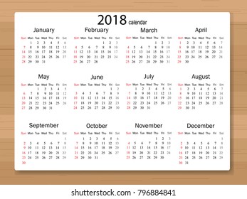 Calendar 2018 year in simple style on wooden texture background. Week starts from Sunday. Vector illustration.