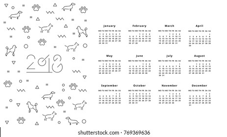 Calendar for 2018 Year. Calendar with symbols of the Chinese new year 2018 dogs in linear minimalist style. Vector outline calendar 2018 on a white background isolated