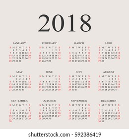 Calendar 2018 year vector design template. and ends  with Saturday. Font with serif  on gray background