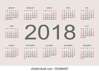 Calendar 2018 year vector design template. Week starts from Sunday and ends  with Saturday. Font sans serif  style on gray background