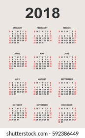 Calendar 2018 year vector design template.  Week starts from Sunday and ends  with Saturday. Font sans serif  style on gray background