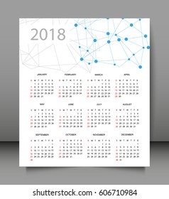 Calendar for 2018 year. Vector design template. Week starts Sunday.