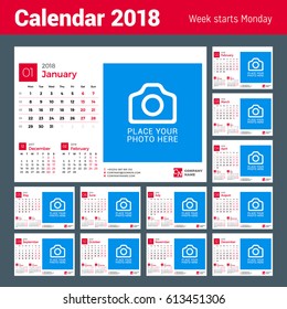 Calendar for 2018 Year. Vector Design Print Template with Place for Photo and Company Logo. Week Starts on Monday. Set of 12 Months