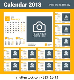 Calendario para el año 2018. Plantilla de impresión de diseño de vectores con logotipo de empresa y lugar para fotografía. La semana empieza el lunes. Conjunto de 12 meses