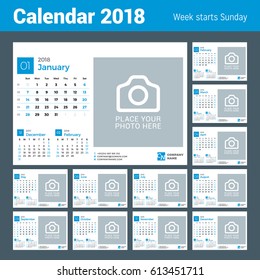 Calendar for 2018 Year. Vector Design Print Template with Place for Photo and Company Logo. Week Starts on Sunday. Set of 12 Months