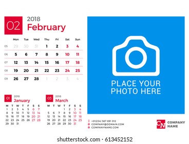 Calendario para el año 2018. Plantilla de impresión de diseño de vectores con logotipo de empresa y lugar para fotografía. Febrero de 2018. La semana empieza el lunes. 3 meses en la página