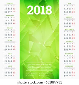 Calendar for 2018 year. Vector design template. Week starts on Monday. Vector illustration with green polygonal abstract background