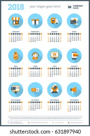 Calendar for 2018 year. Vector design stationery template. Week starts on Sunday. Flat style color vector illustration with flat business and shopping icons
