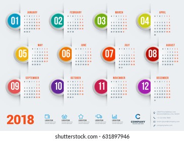 Calendar for 2018 year. Vector design stationery template. Week starts on Monday. Flat style color vector illustration. Yearly calendar template